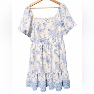 Blu Pepper Blue & White Floral Babydoll Dress Cottagecore Puff Sleeve Small